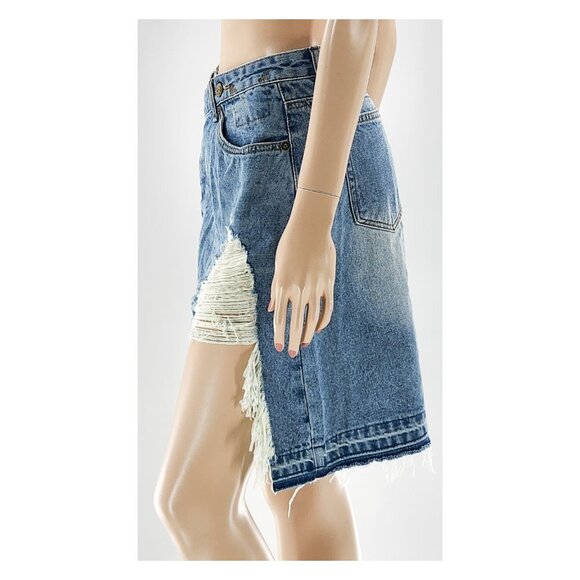 R13 NWT Boy Skinny Ripped Distressed Irregular Hem Denim Skirt - Picture 5 of 14